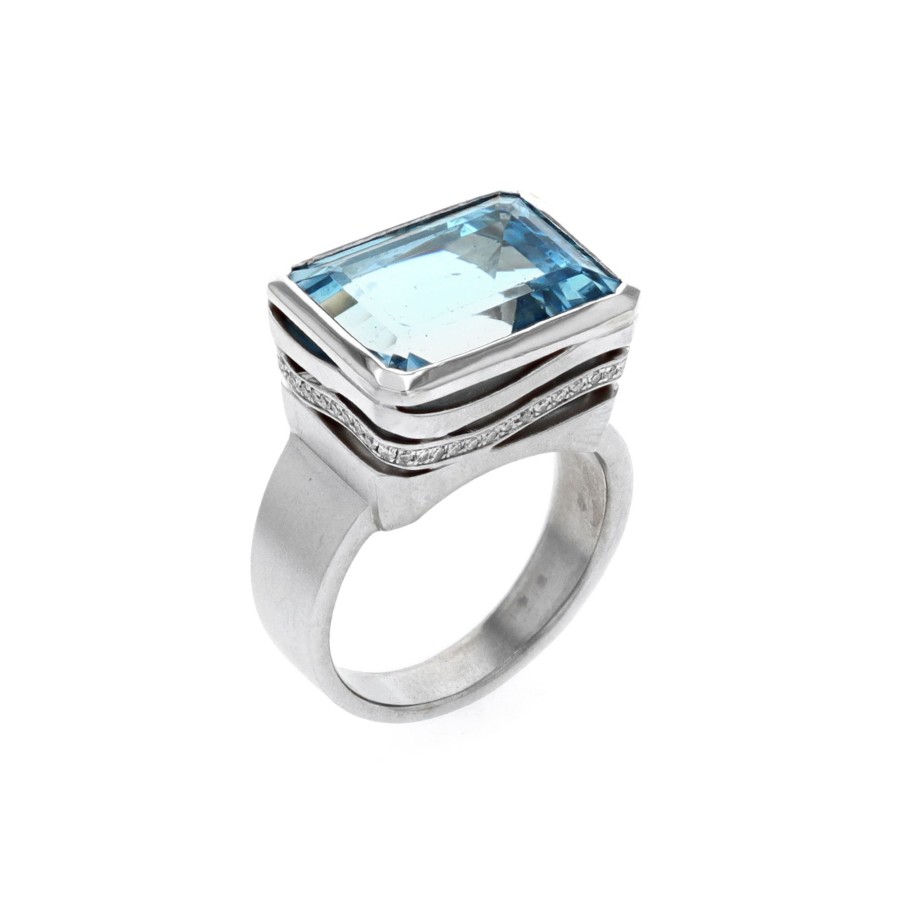 Jewelry Josephs Jewelers Home | Estate 14K White Gold Aquamarine And Diamond Ring Blue