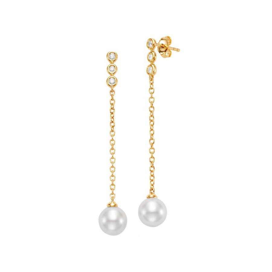 Jewelry Josephs Jewelers Home | 18K Yellow Gold Freshwater Pearl And Diamond Dangle Earrings White