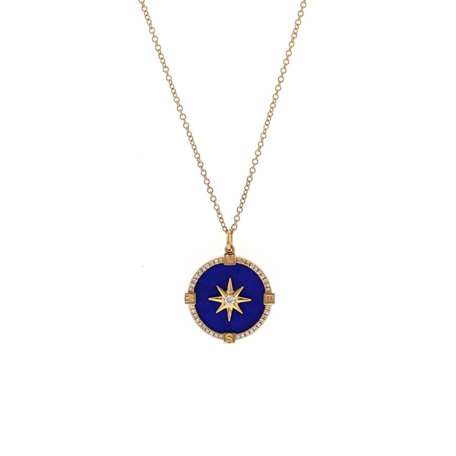 Jewelry Josephs Jewelers Home | 14K Yellow Gold Lapis And Diamond Compass Pendant With Chain - Josephs Jewelers Blue