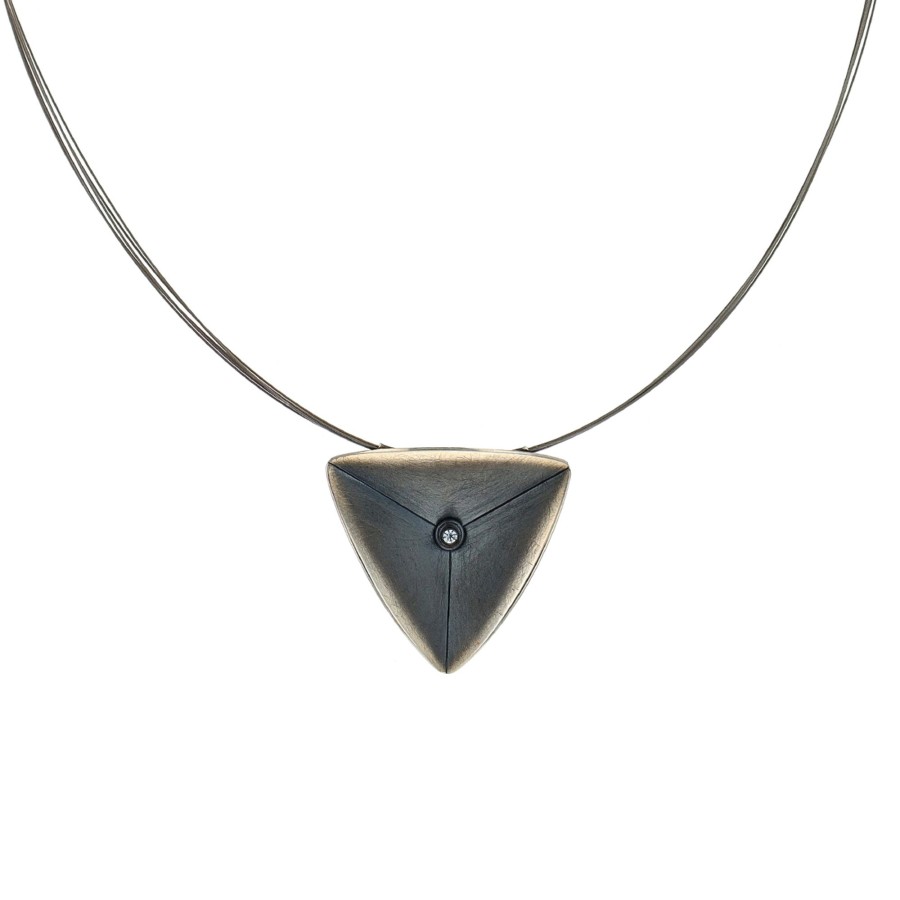 Jewelry Josephs Jewelers Home | Small Oxidized Sterling Silver Cubic Zirconia Triangle Pendant With 4-Strand Wire