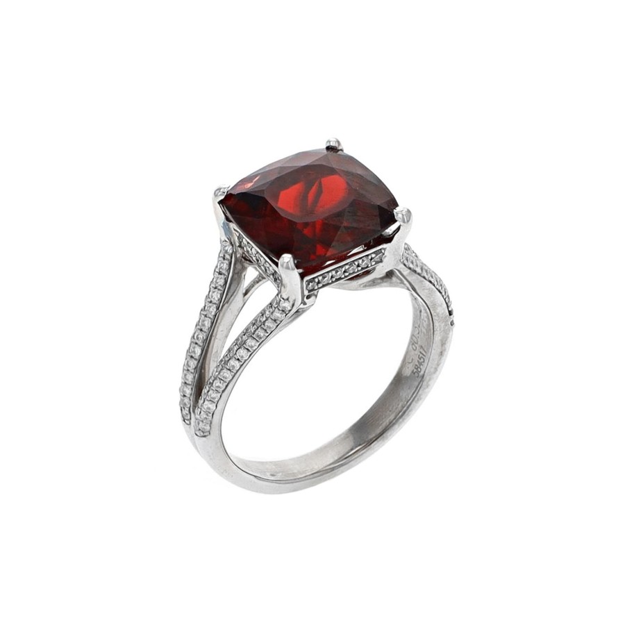 Jewelry Josephs Jewelers Home | Estate 18K White Gold Cushion Garnet And Diamond Ring Red