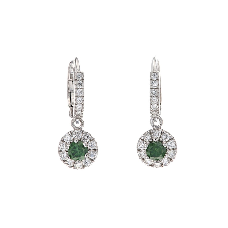 Jewelry Josephs Jewelers Home | 14K White Gold Diamond Halo Dangle Earrings Green