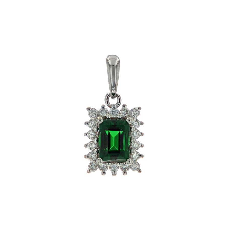 Jewelry Josephs Jewelers Home | 14K White Gold Baguette Tsavorite And Diamond Pendant Green