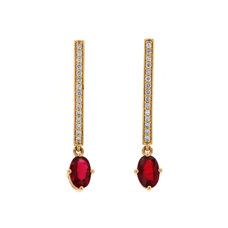 Jewelry Josephs Jewelers Home | 14K Yellow Gold Oval Ruby And Diamond Drop Earrings Red