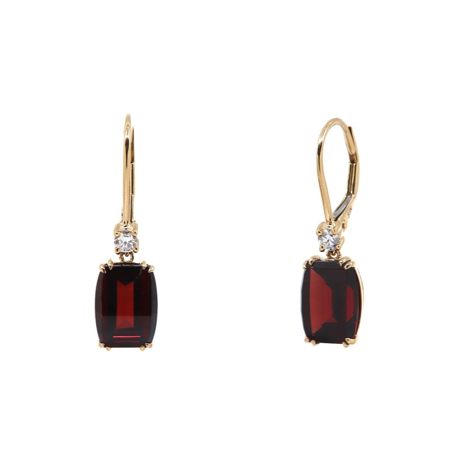 Jewelry Josephs Jewelers Home | 14K Yellow Gold Cushion Garnet And Diamond Earrings Red