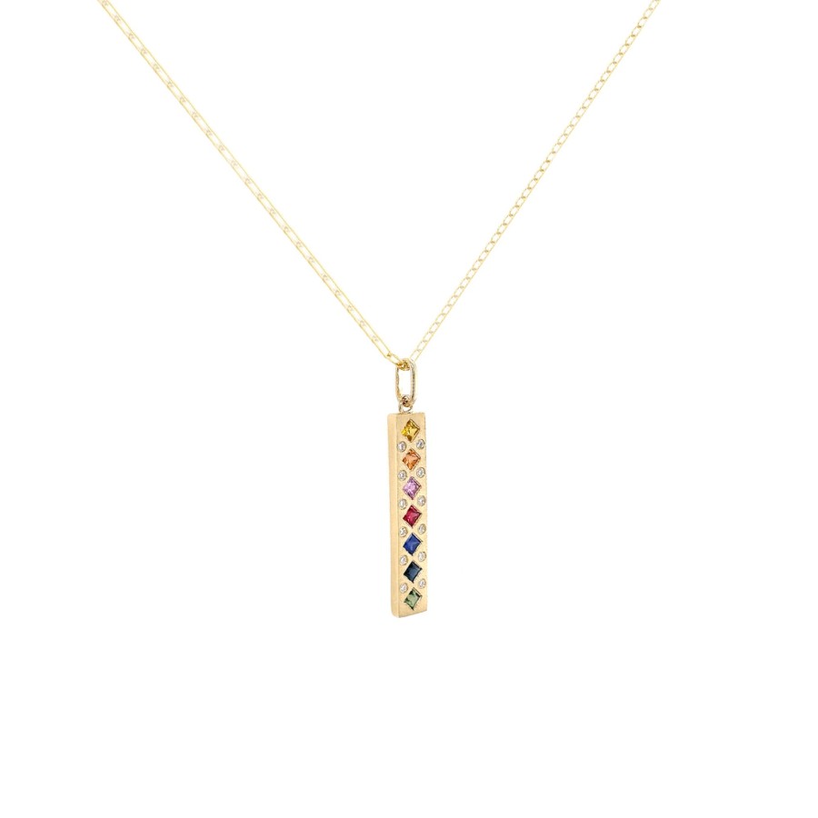 Jewelry Josephs Jewelers Home | 14K Yellow Gold Princess Rainbow Sapphire Bar Pendant With Chain - Josephs Jewelers Multi