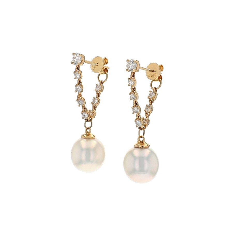 Jewelry Josephs Jewelers Home | 14K Yellow Gold South Sea Pearl And Diamond Dangle Earrings - Josephs Jewelers White