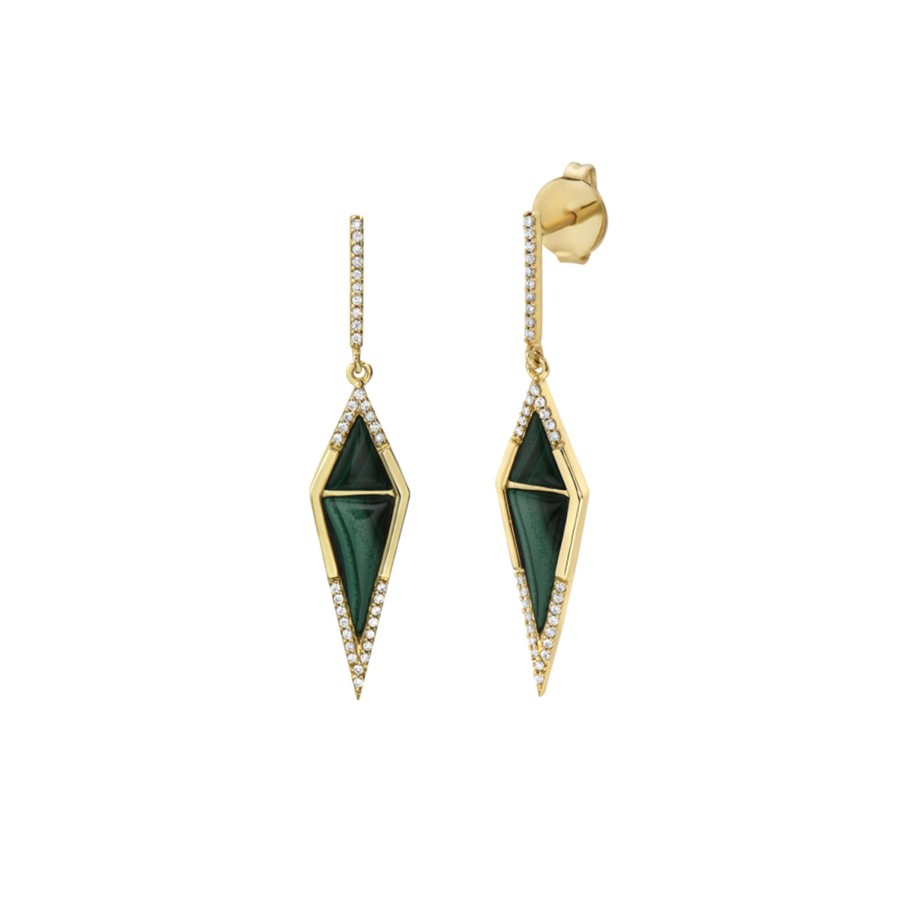 Jewelry Josephs Jewelers Home | 14K Yellow Gold Triangle Malachite And Diamond Earrings - Josephs Jewelers Green