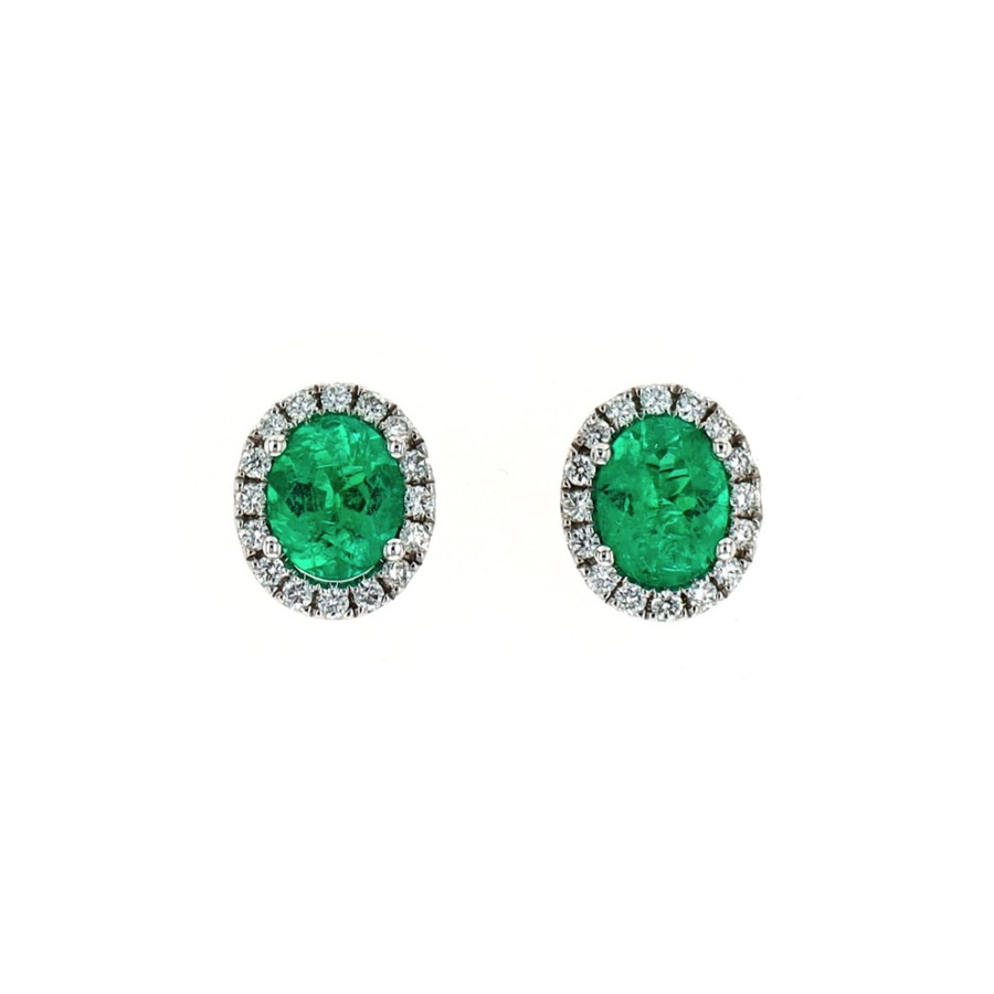 Jewelry Josephs Jewelers Home | 18K White Gold Oval Emerald And Diamond Halo Earrings - Josephs Jewelers Green