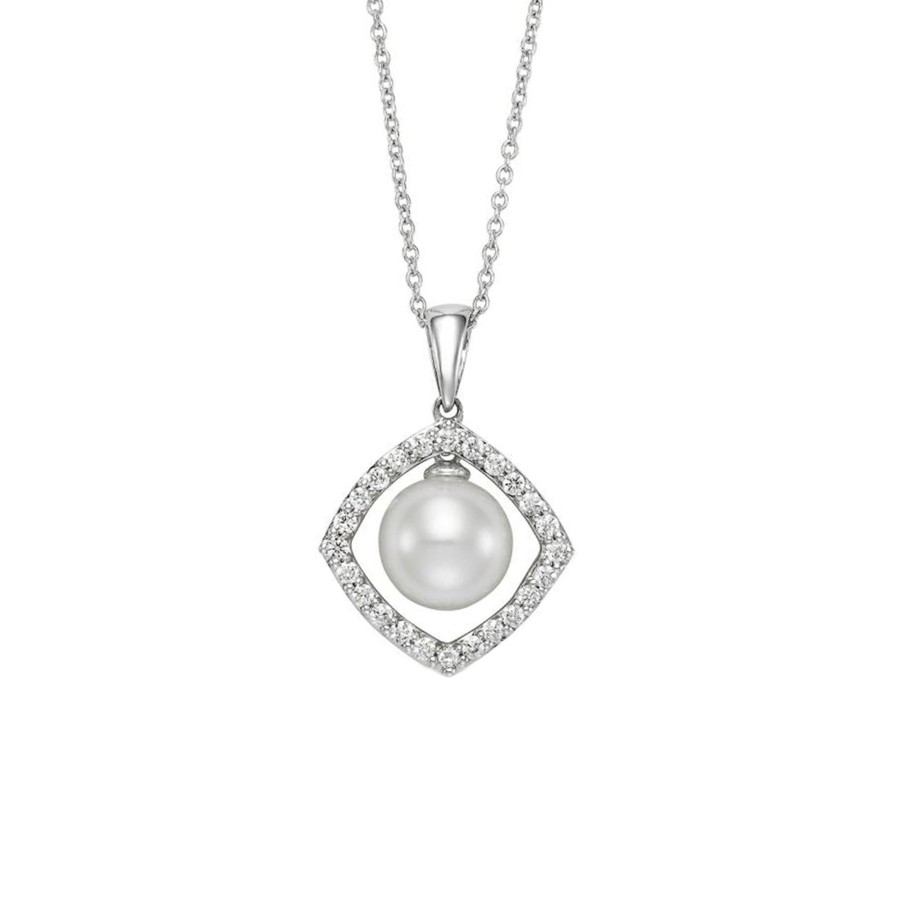 Jewelry Josephs Jewelers Home | 18K Gold Freshwater Pearl And Diamond Pendant With Chain White