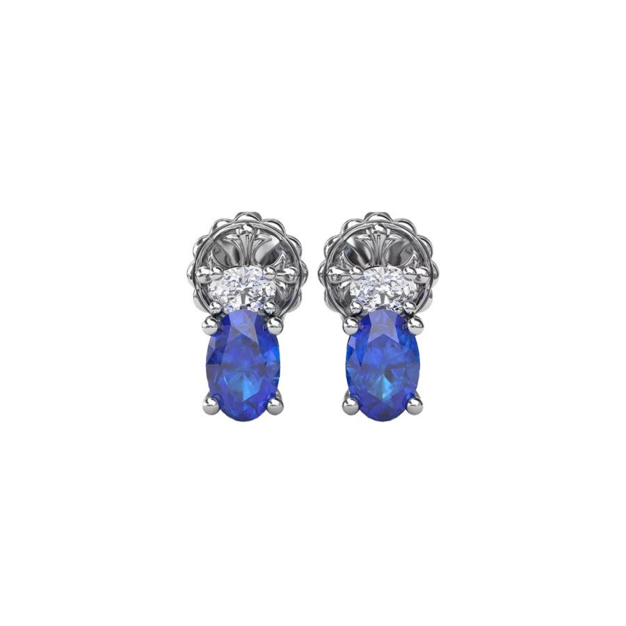 Jewelry Josephs Jewelers Home | 14K White Gold Oval Sapphire And Round Diamond Earrings Blue