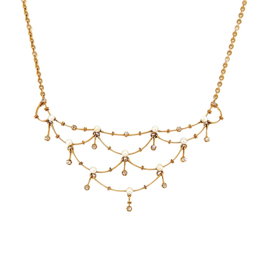 Jewelry Josephs Jewelers Home | Estate Victorian 14K Yellow Gold Seed Pearl And Diamond Necklace - Josephs Jewelers White