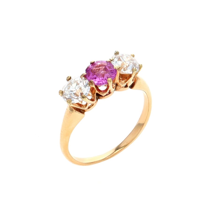 Jewelry Josephs Jewelers Home | Estate 14K Yellow Gold Round Sapphire And Diamond Ring Pink