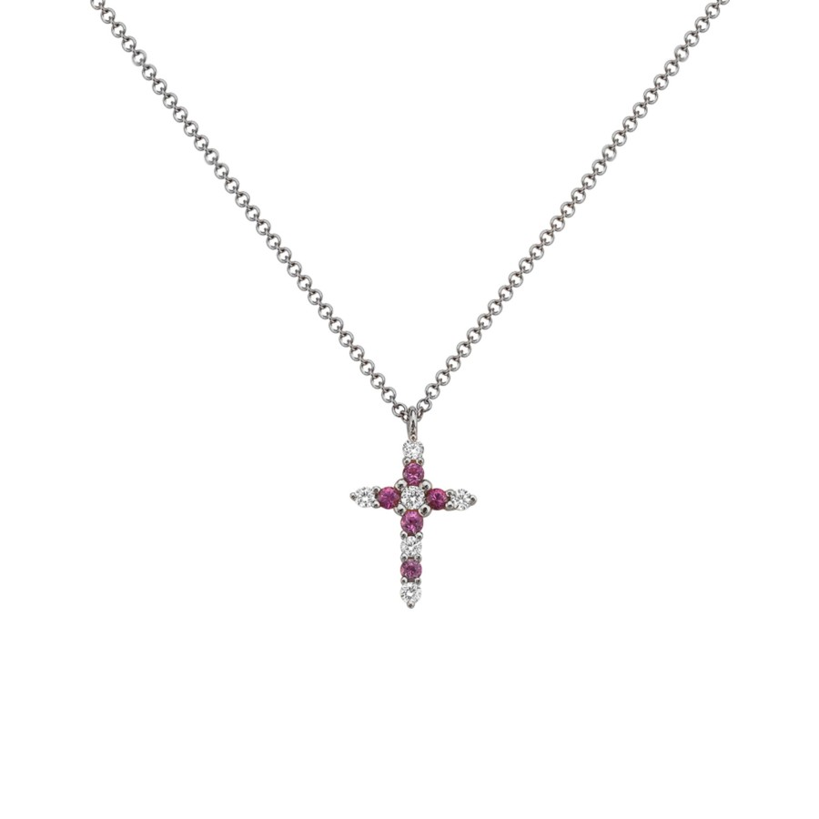 Jewelry Josephs Jewelers Home | 14K White Gold Sapphire And Diamond Cross Pendant With Chain - Josephs Jewelers Pink