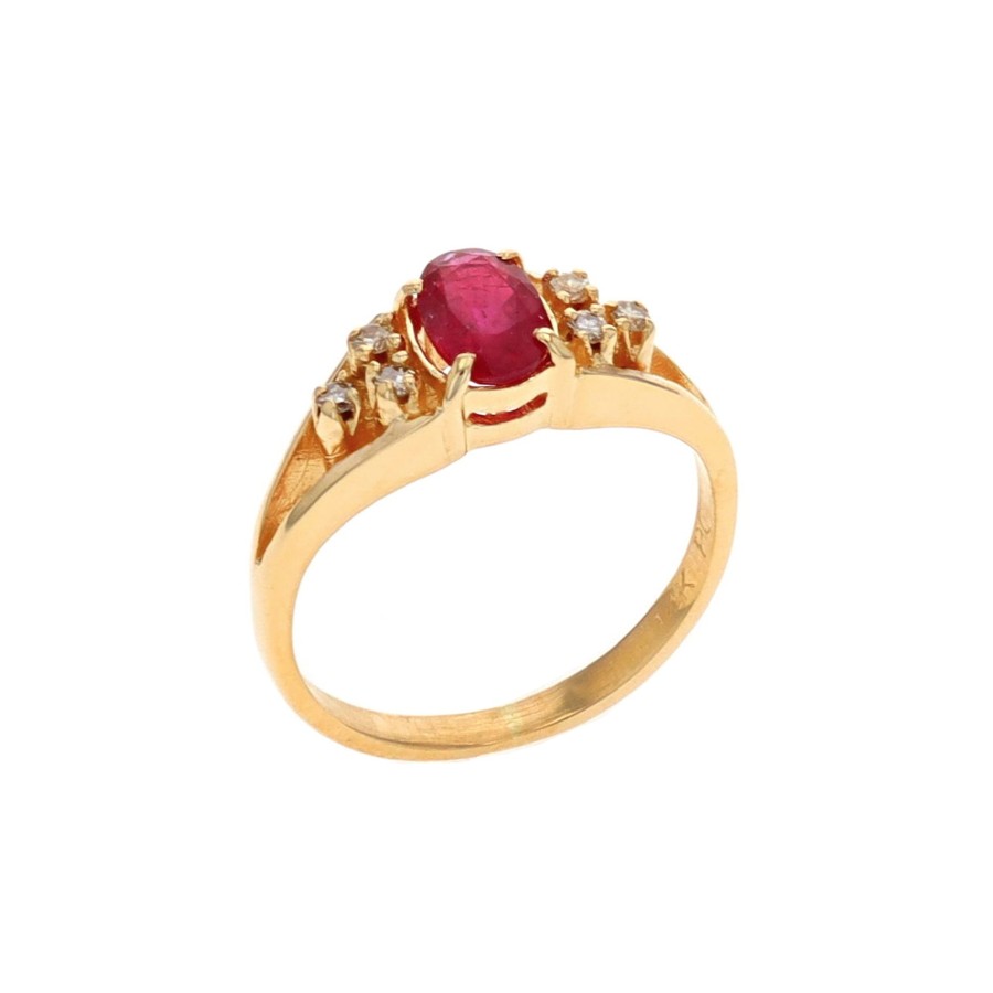 Jewelry Josephs Jewelers Home | Estate 14K Yellow Gold Oval Ruby And Diamond Ring Red