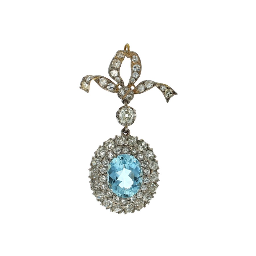 Jewelry Josephs Jewelers Home | Estate Platinum And 18K Yellow Gold Victorian Oval Aquamarine And Diamond Pendant - Josephs Jewelers Blue