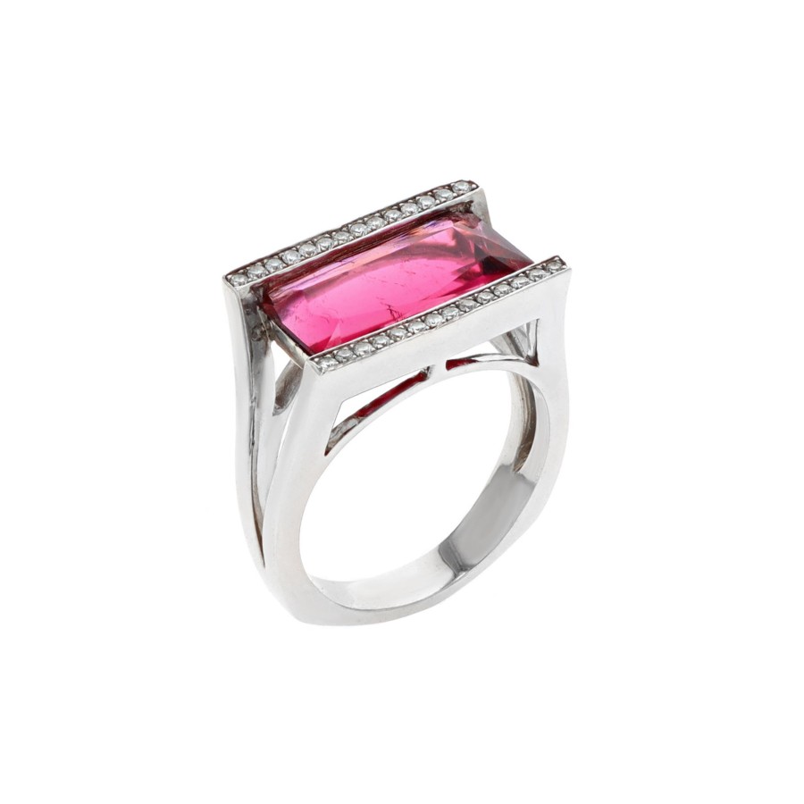 Jewelry Josephs Jewelers Home | Estate 14K White Gold Rubellite And Diamond Ring Pink