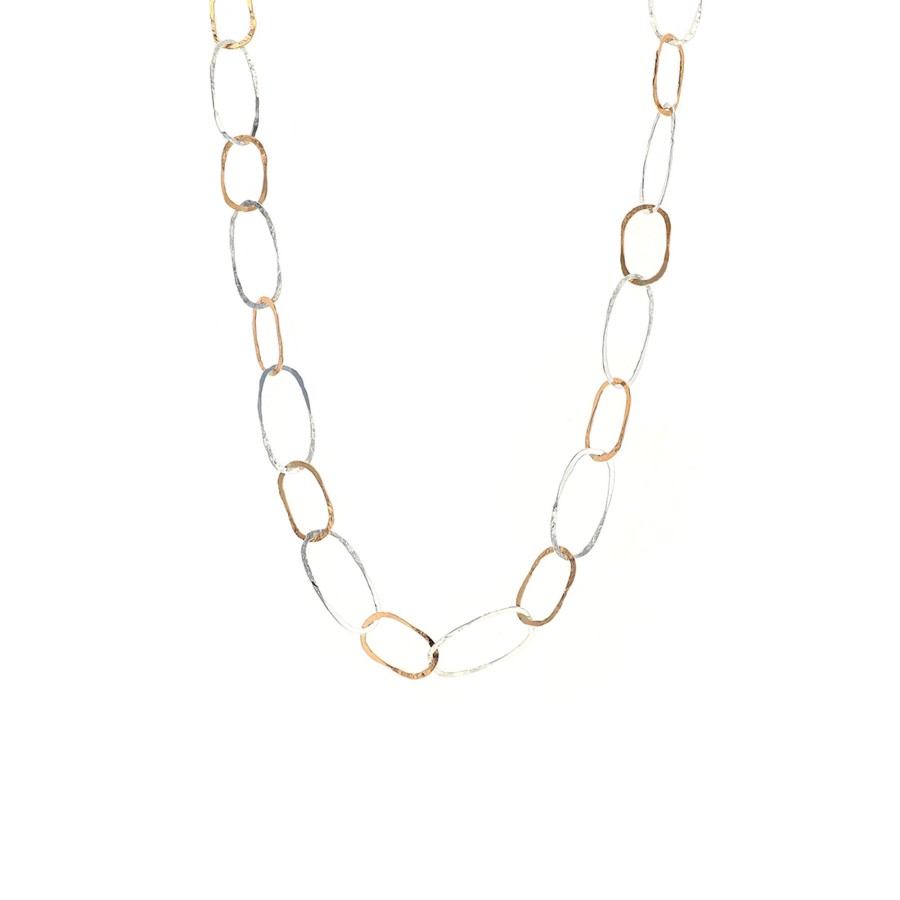 Jewelry Josephs Jewelers Home | Sterling Silver Two-Tone Hammered Oval Link Necklace - Josephs Jewelers