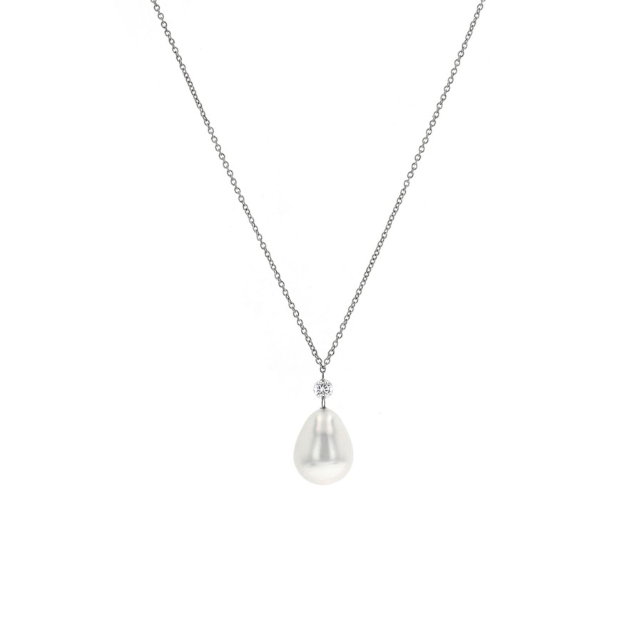 Jewelry Josephs Jewelers Home | 14K Gold South Sea Pearl Drop And Diamond Necklace - Josephs Jewelers White