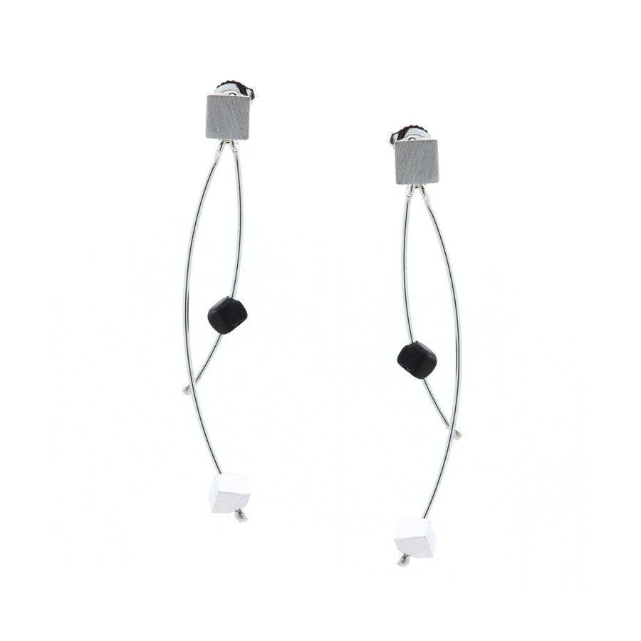 Jewelry Josephs Jewelers Home | Sterling Silver Cube And Onyx Dangle Earrings Black