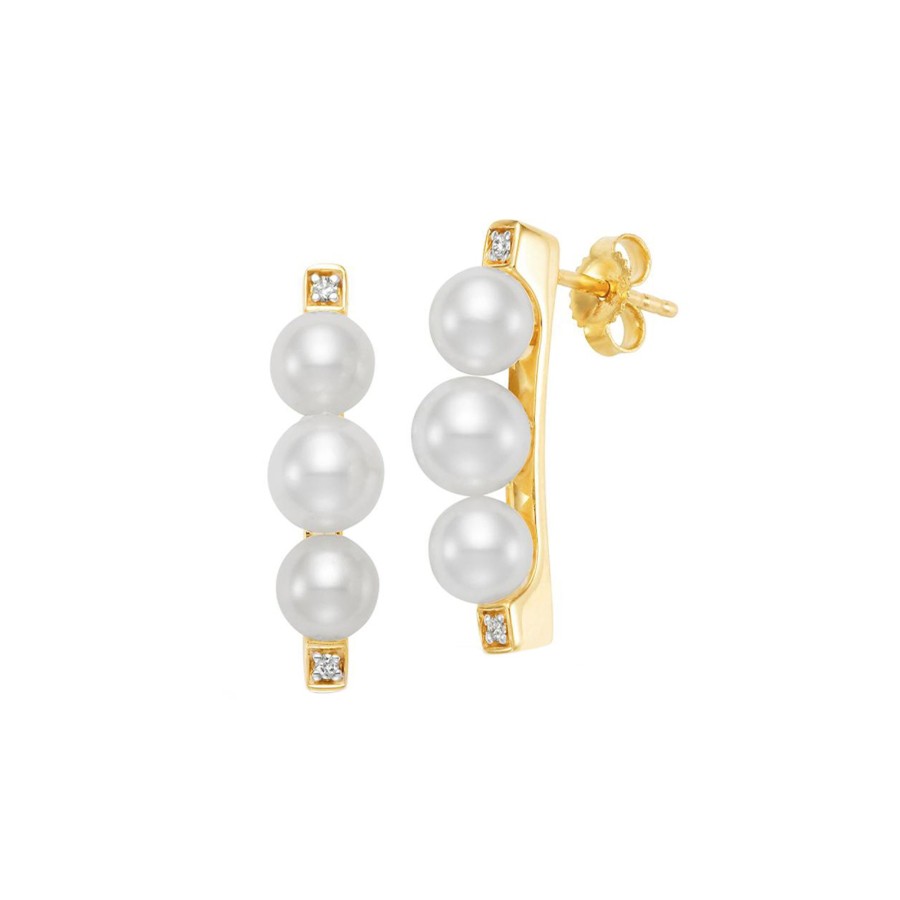 Jewelry Josephs Jewelers Home | 18K Yellow Gold Freshwater Pearl And Diamond Earrings - Josephs Jewelers White