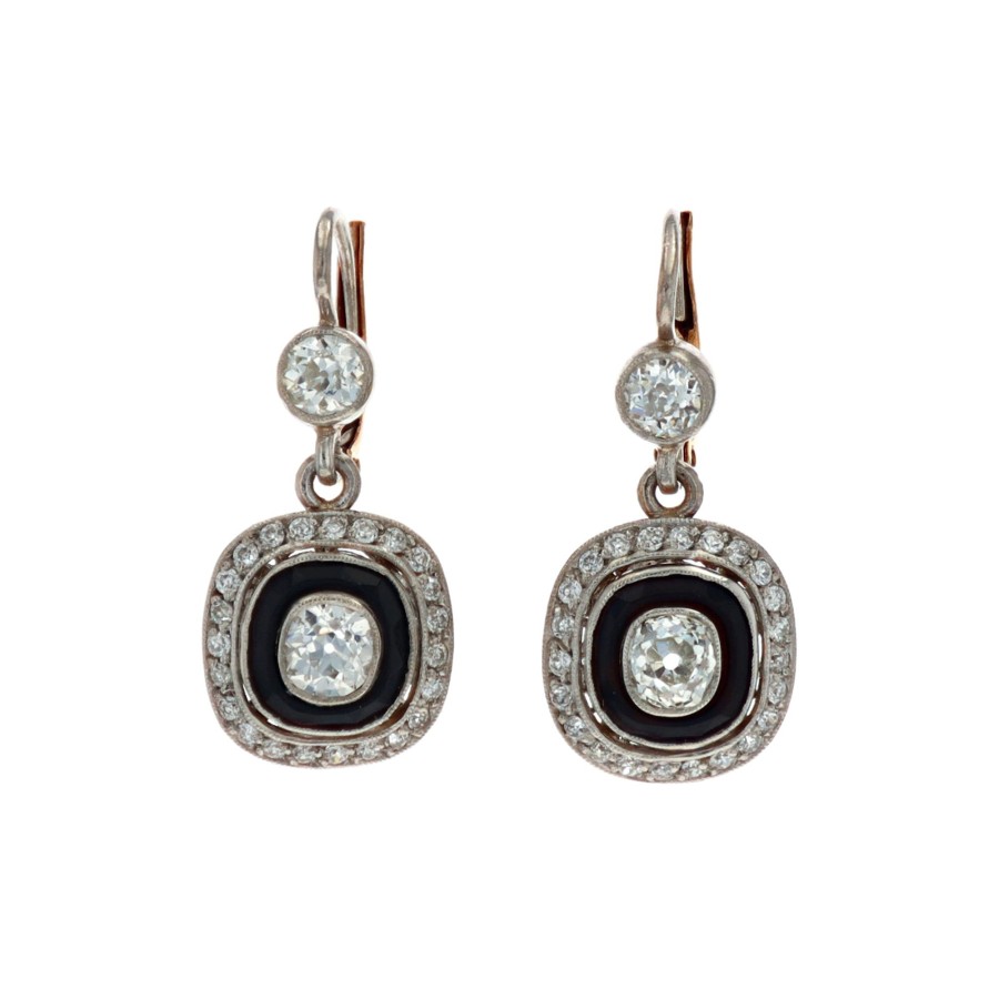 Jewelry Josephs Jewelers Home | Estate Platinum And 18K Yellow Gold Onxy And Diamond Earrings - Josephs Jewelers Black